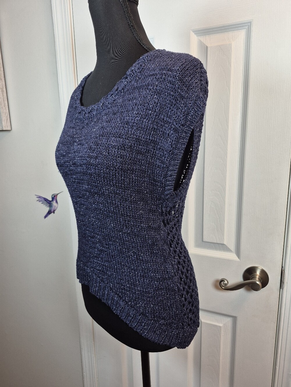 Cynthia Rowley Metallic Navy Knit Tank top S Crochet Mesh Indie Sleaze - Picture 4 of 6